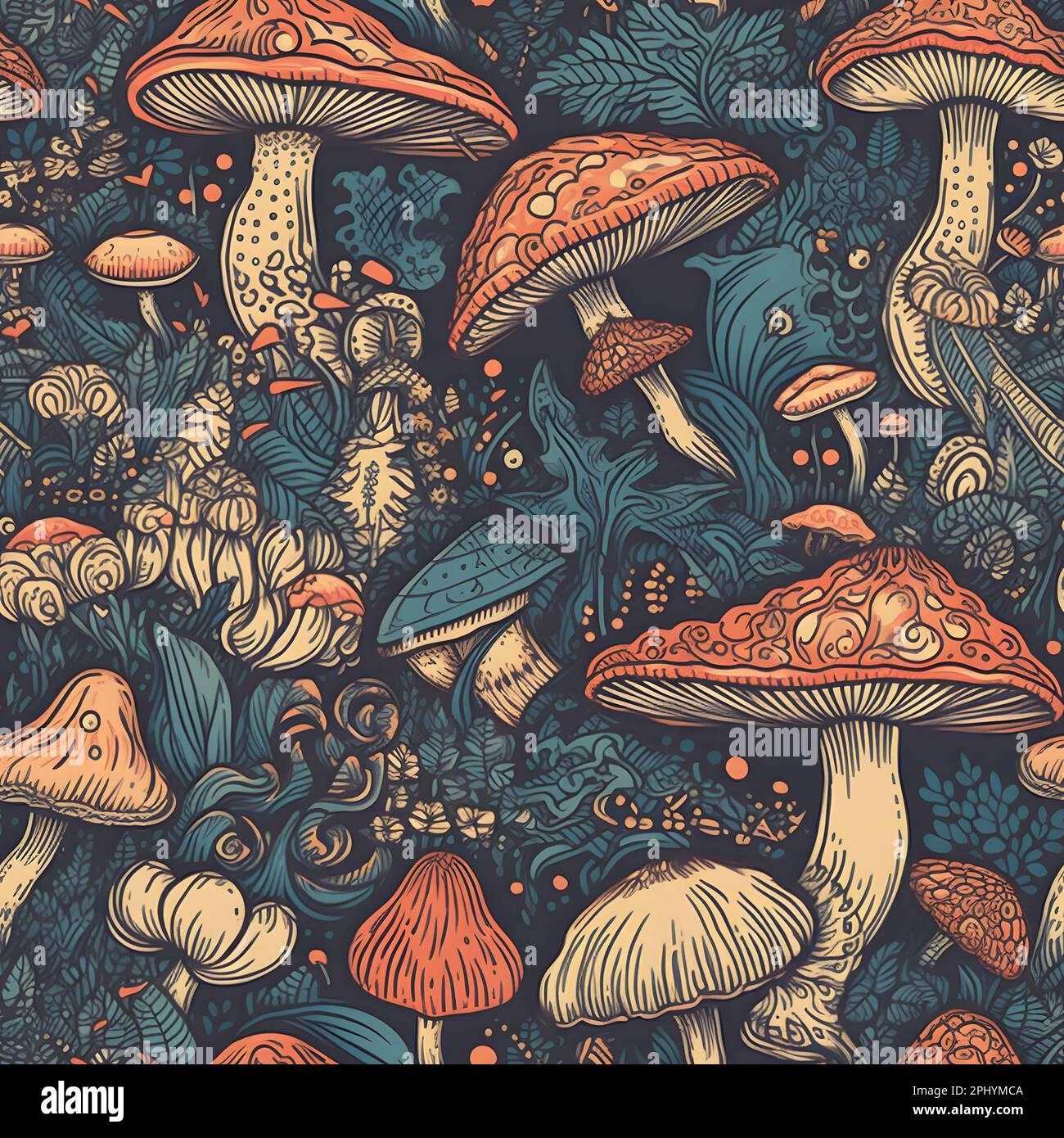 Modello senza cuciture con funghi. Illustrazione vettoriale in stile vintage. Foto Stock