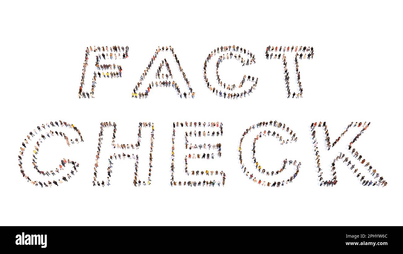 La comunità concettuale delle persone che formano il CONTROLLO DEI FATTI worsd. 3d metafora illustrativa per ricerca, evidenza, affidabilità, verità, informazione corretta Foto Stock