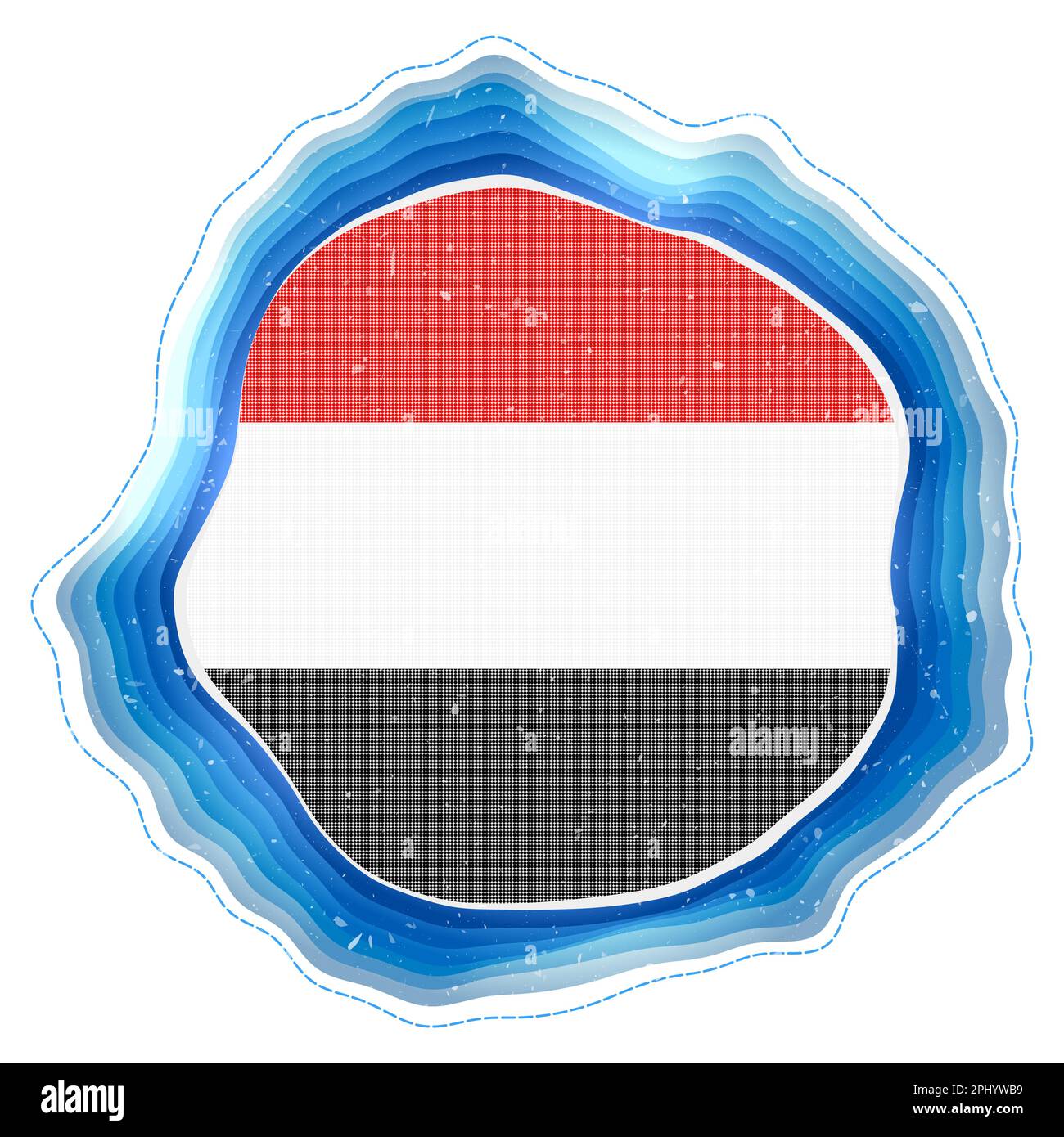 Bandiera dello Yemen nella cornice. Distintivo del paese. Segno circolare stratificato intorno alla bandiera dello Yemen. Illustrazione vettoriale creativa. Illustrazione Vettoriale