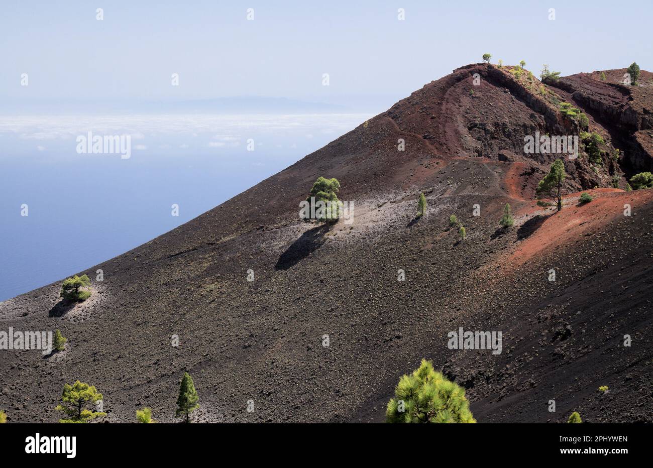 La Palma, paesaggi lungo il famoso percorso escursionistico Ruta de Los Volcanes, lungo la cresta dell'isola da El Paso a Fuencaliente Foto Stock