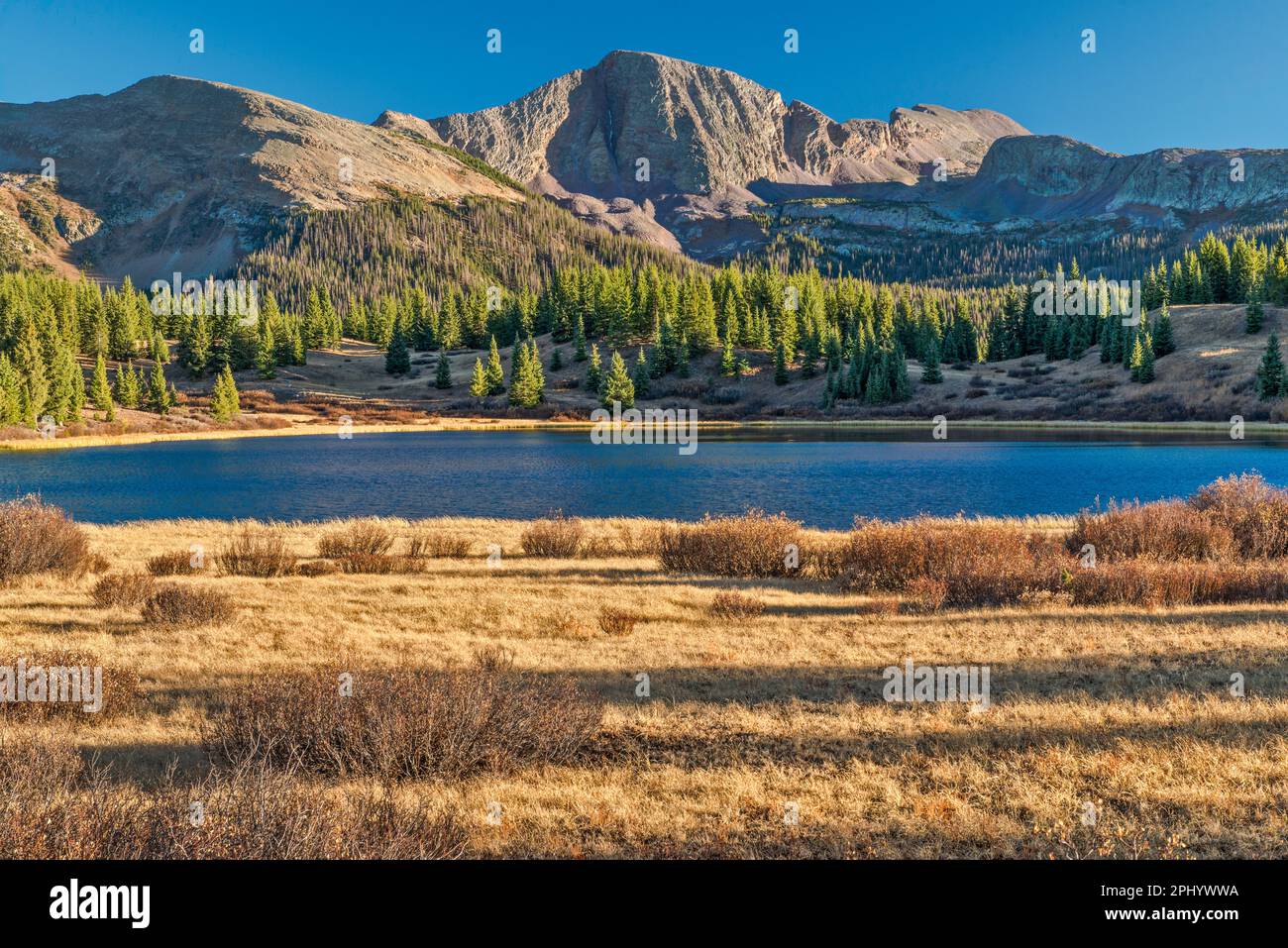 Lago Little Molas, Snowdon Peak in Distance, Needle Mountains, San Juan Mountains, San Juan National Forest, Colorado, Stati Uniti Foto Stock