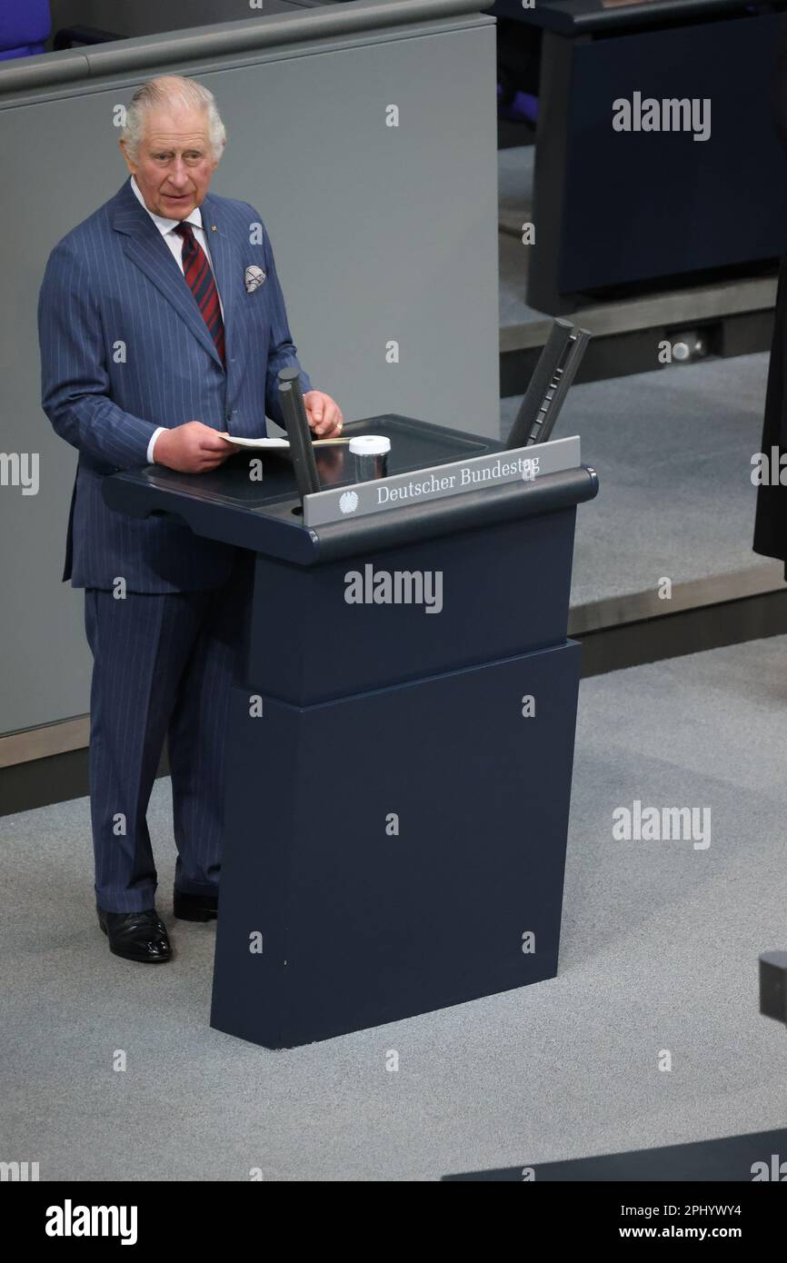 Berlino, Germania, 30th marzo 2023, re Carlo III durante un discorso ai membri del Bundestag tedesco nell'edificio del Reichstag. Berlino, Germania. Sven Struck/Alamy Live News Foto Stock