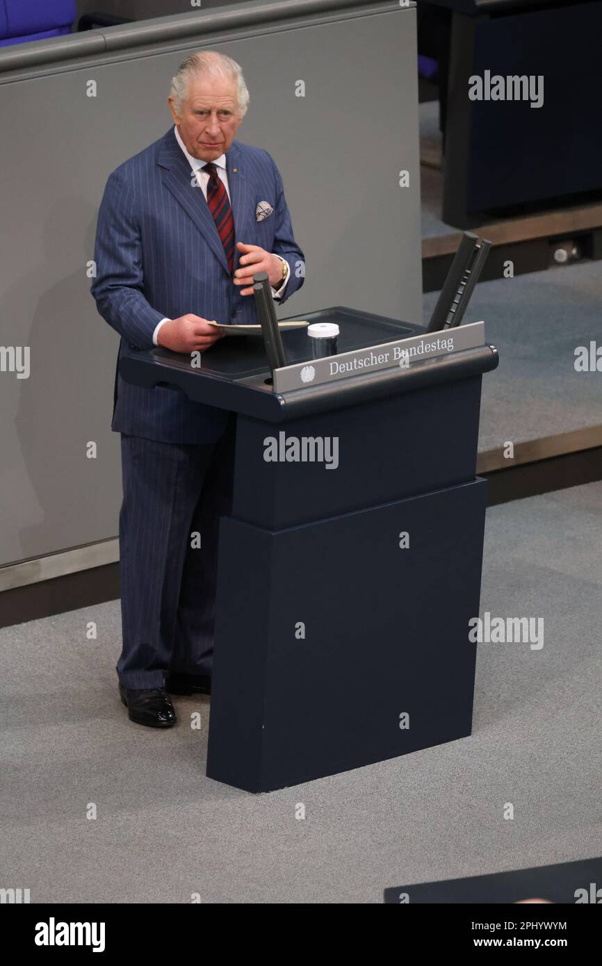 Berlino, Germania, 30th marzo 2023, re Carlo III durante un discorso ai membri del Bundestag tedesco nell'edificio del Reichstag. Berlino, Germania. Sven Struck/Alamy Live News Foto Stock