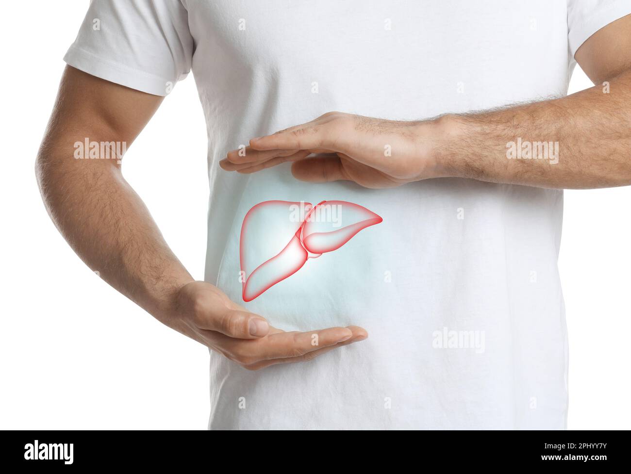 Uomo e illustrazione di fegato su sfondo bianco, primo piano Foto Stock