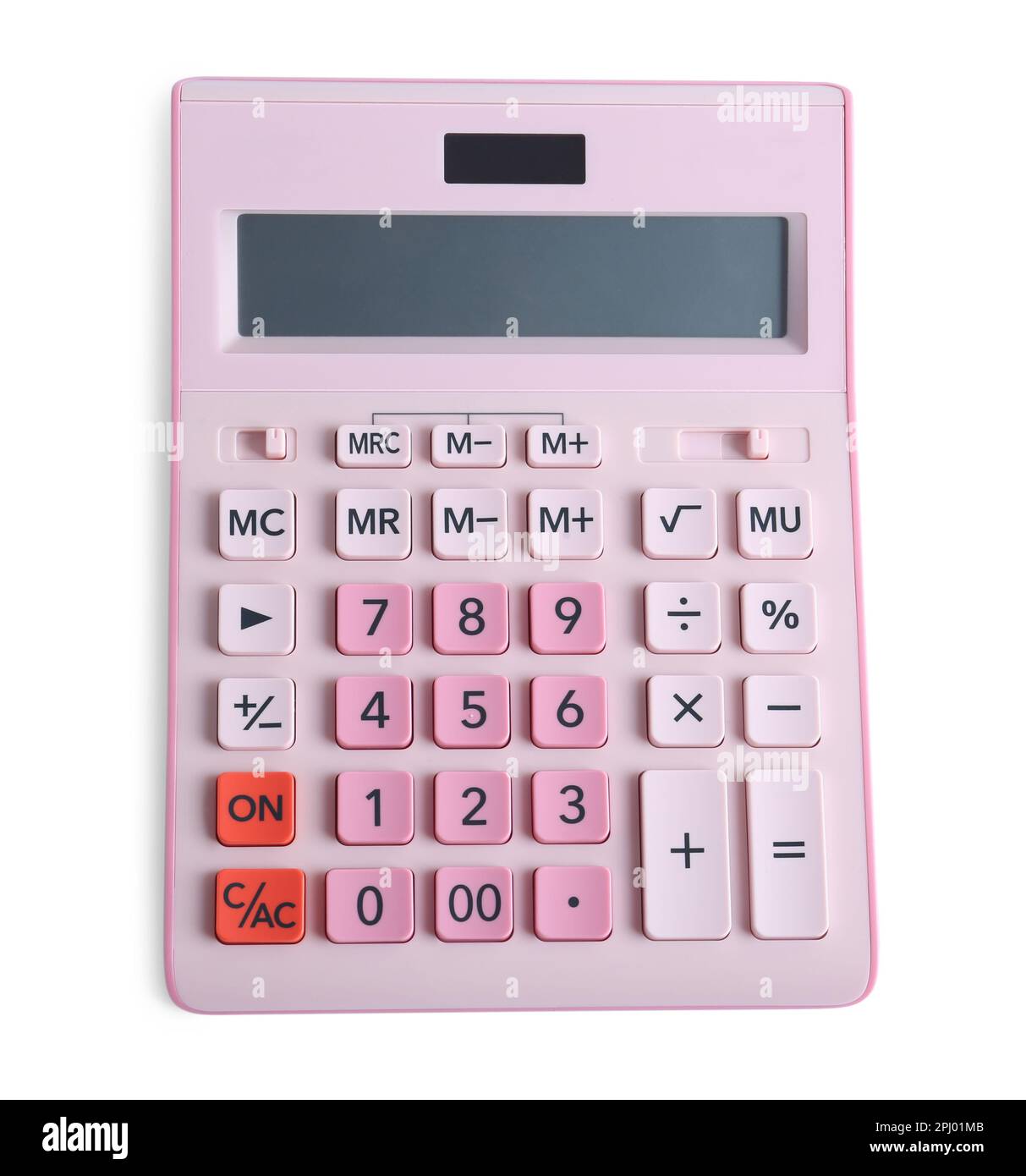Calcolatrice rosa su sfondo bianco, vista dall'alto. Cancelleria