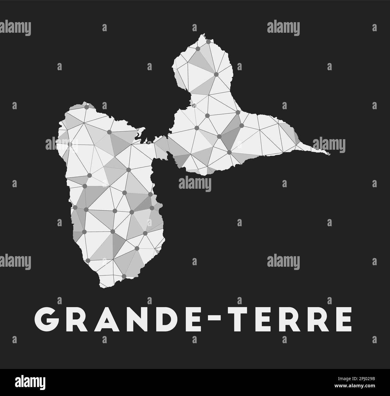 Grande-Terre - rete di comunicazione cartina dell'isola. Design geometrico alla moda grande-Terre su sfondo scuro. Illustrazione Vettoriale