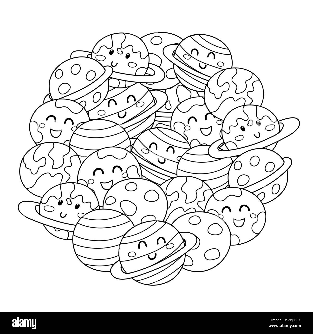 Cute pianeti forma circolare modello. Sistema solare pianeti colorazione pagina. Spazio mandala in bianco e nero Illustrazione Vettoriale