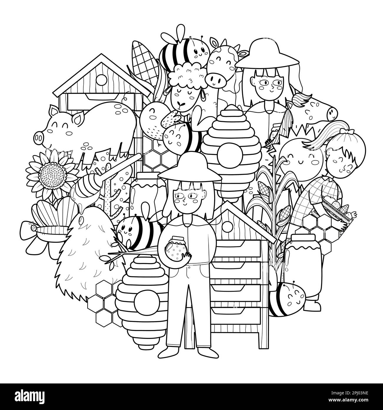 Pagina da colorare di forma circolare per api e apicoltore. Doodle mandala con personaggi agricoli per colorare il libro Illustrazione Vettoriale