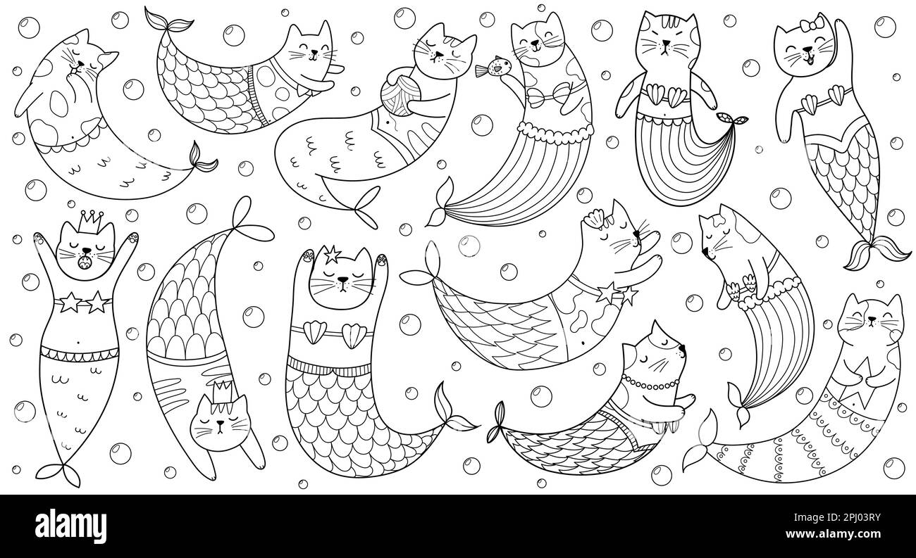 Carino mermaid gatti raccolta in bianco e nero per libro da colorare Illustrazione Vettoriale