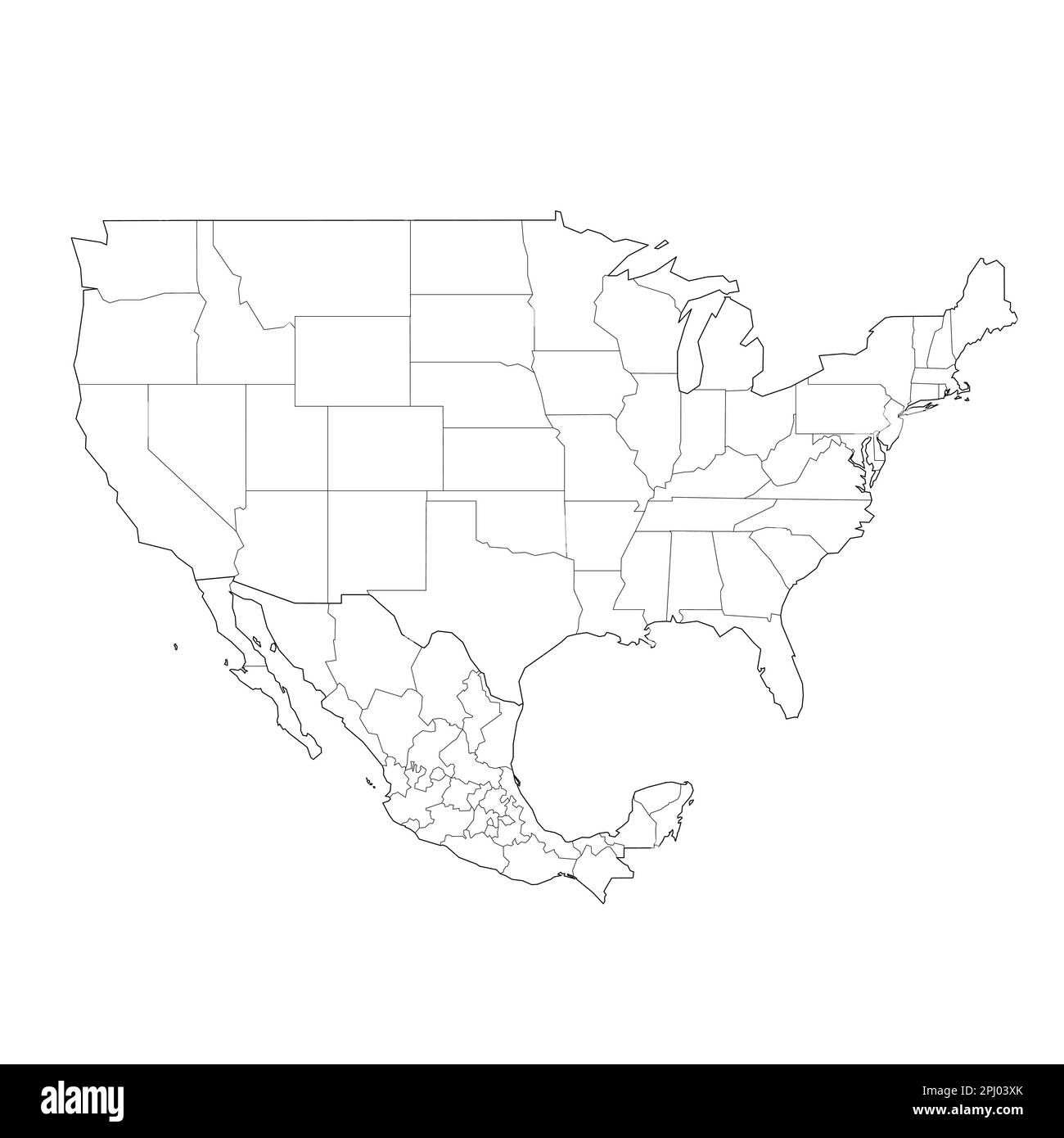Mappa politica degli Stati Uniti e del Messico delle divisioni amministrative. Mappa vettoriale con contorno nero vuota Illustrazione Vettoriale