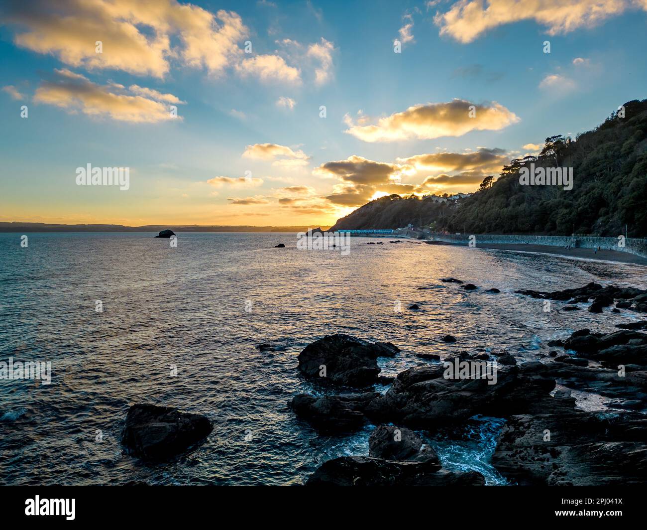 Meadfoot Beach Tramonto, Torquay Foto Stock