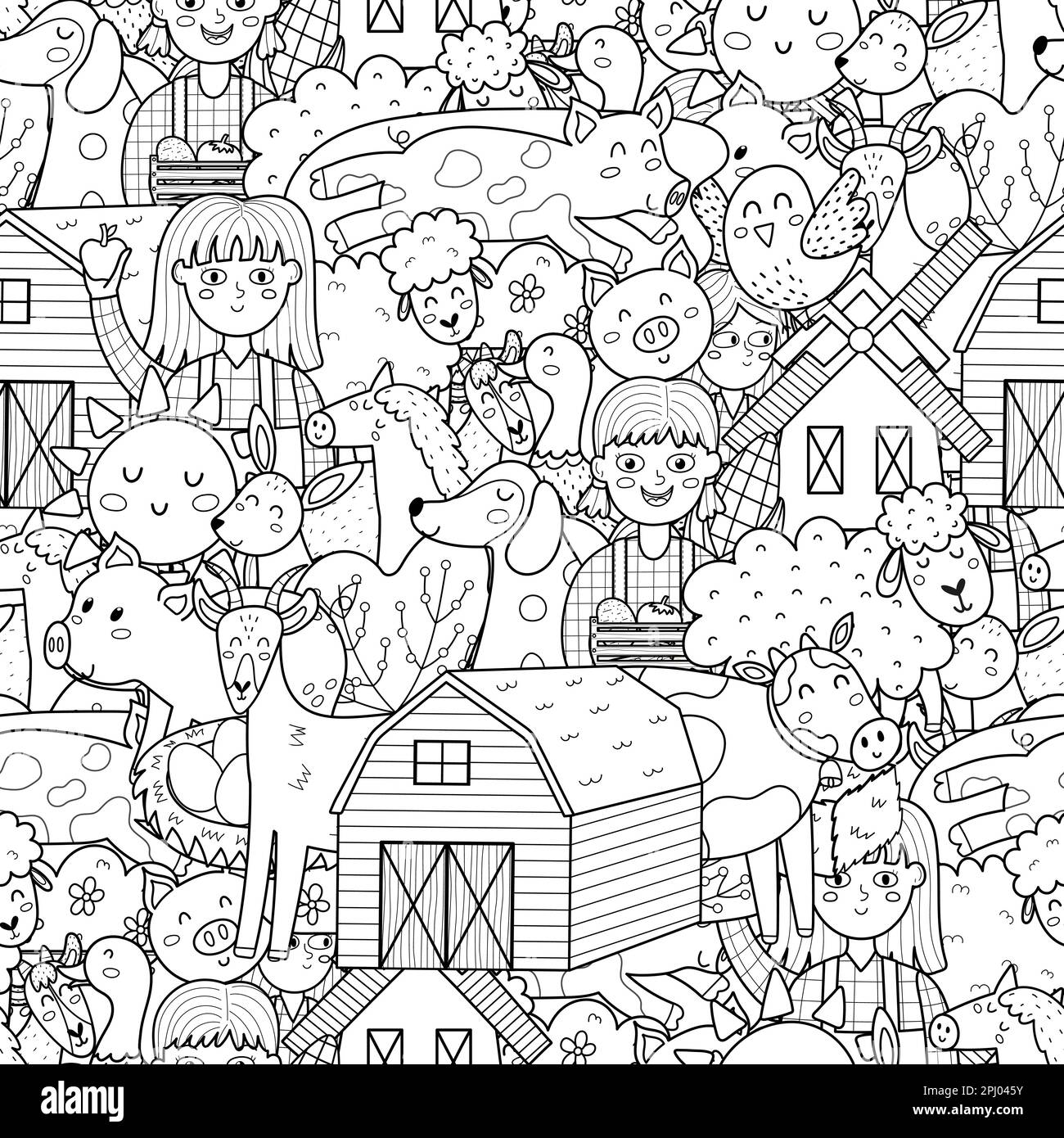 Carino caratteri fattoria in bianco e nero senza cuciture motivo. Pagina da colorare con animali divertenti e contadini Illustrazione Vettoriale