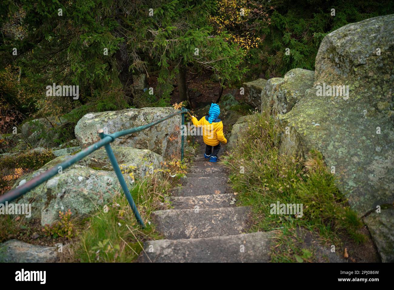 Il bambino scende i gradini di pietra sul sentiero escursionistico in montagna. Montagne polacche Foto Stock