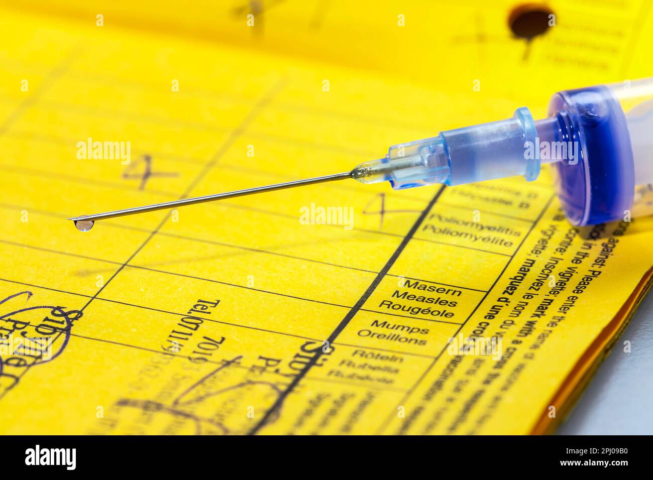 Certificato di vaccinazione con siringa, foto simbolo, vaccinazione del morbillo, shot in studio, Germania Foto Stock