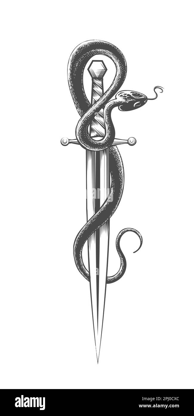 Tatuaggio di serpente e spada in stile incisione isolato su bianco. Illustrazione vettoriale Illustrazione Vettoriale
