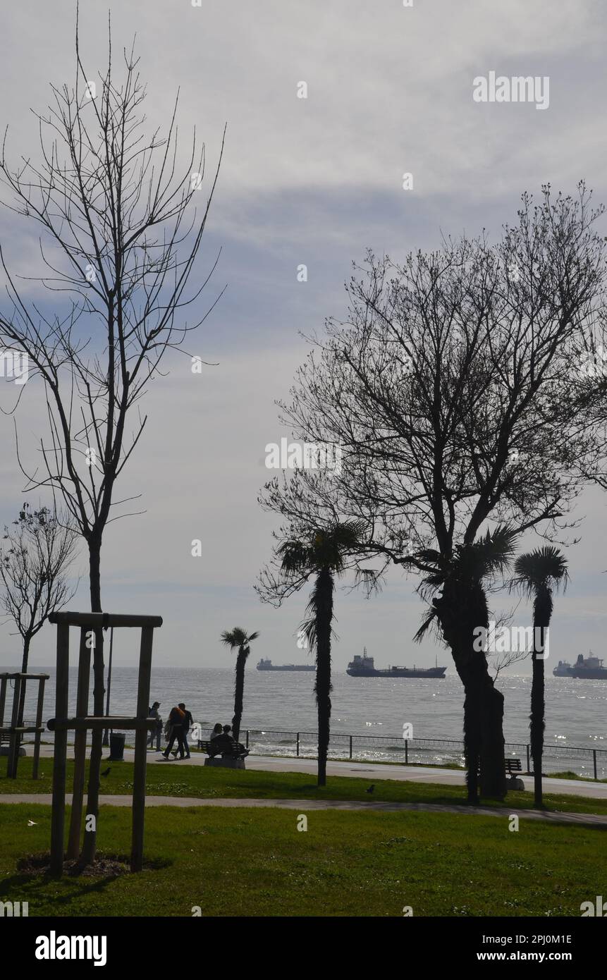 Novembre 2022 Florya Beach, Trees, Ships and People Turkey Istanbul Foto Stock