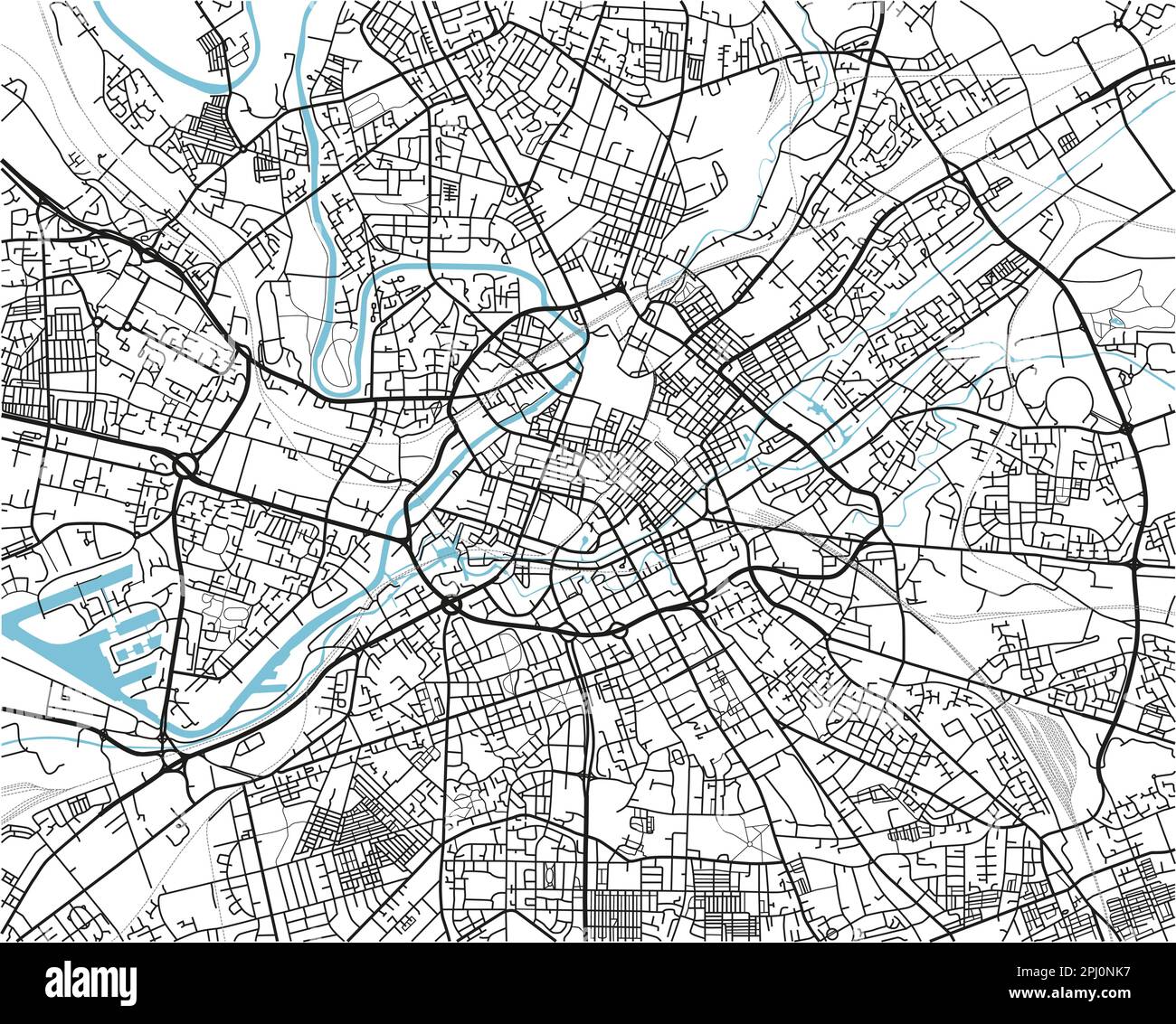 Mappa vettoriale in bianco e nero della città di Manchester con strati separati ben organizzati. Illustrazione Vettoriale