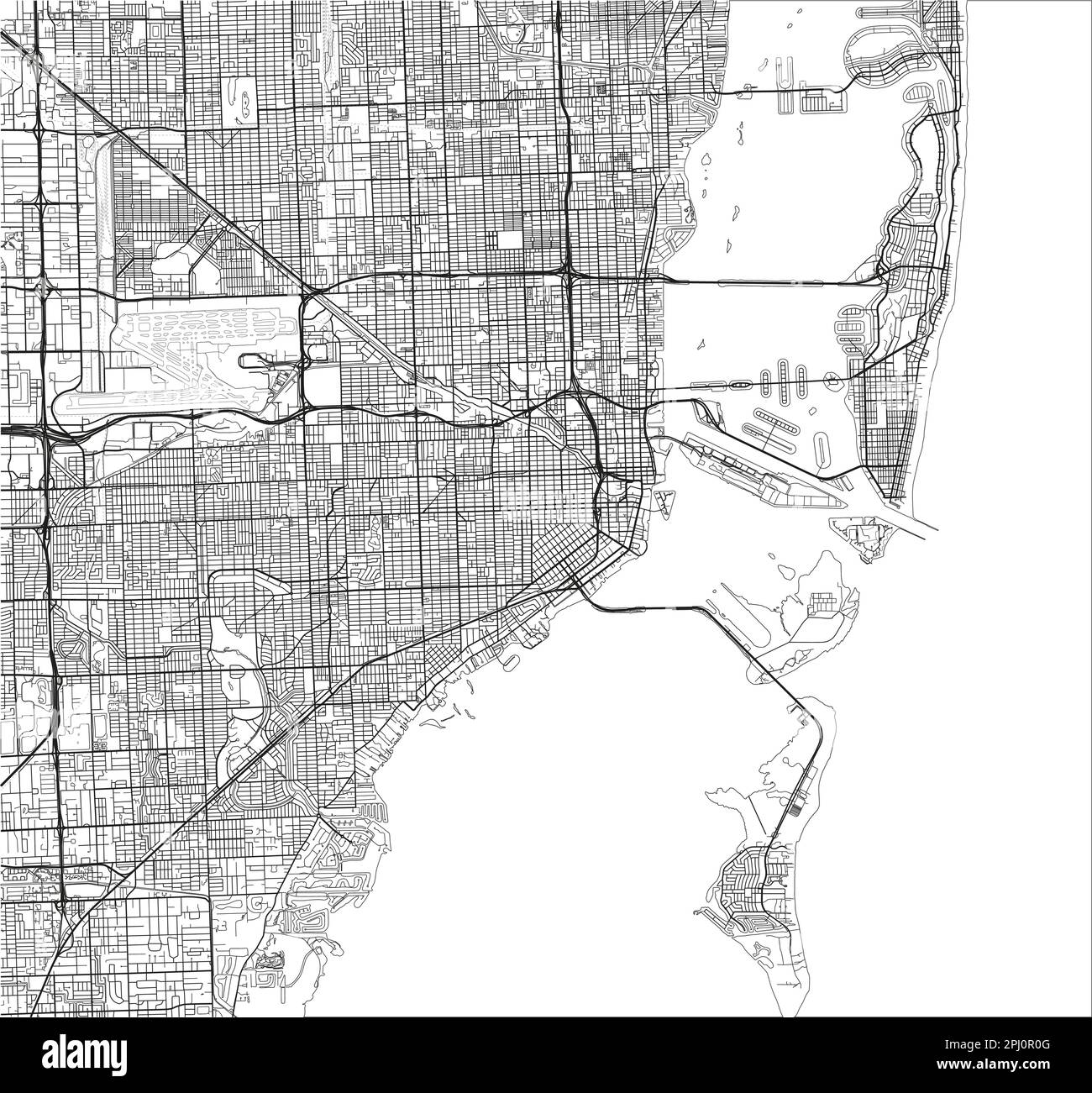 Mappa vettoriale in bianco e nero della città di Miami con livelli separati ben organizzati. Illustrazione Vettoriale