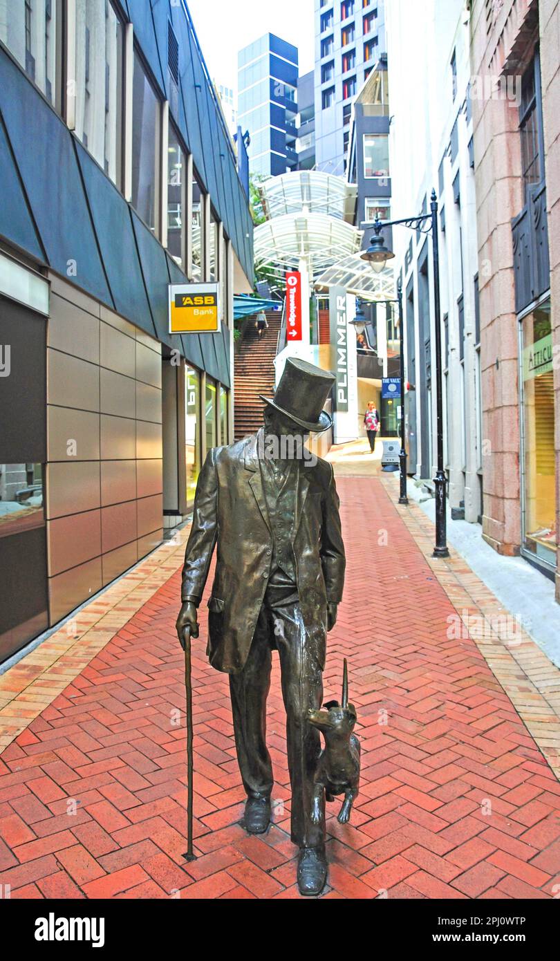 Plimmer & il suo cane statua, il Plimmer passi, Lambton Quay, Wellington, Regione di Wellington, Isola del nord, Nuova Zelanda Foto Stock