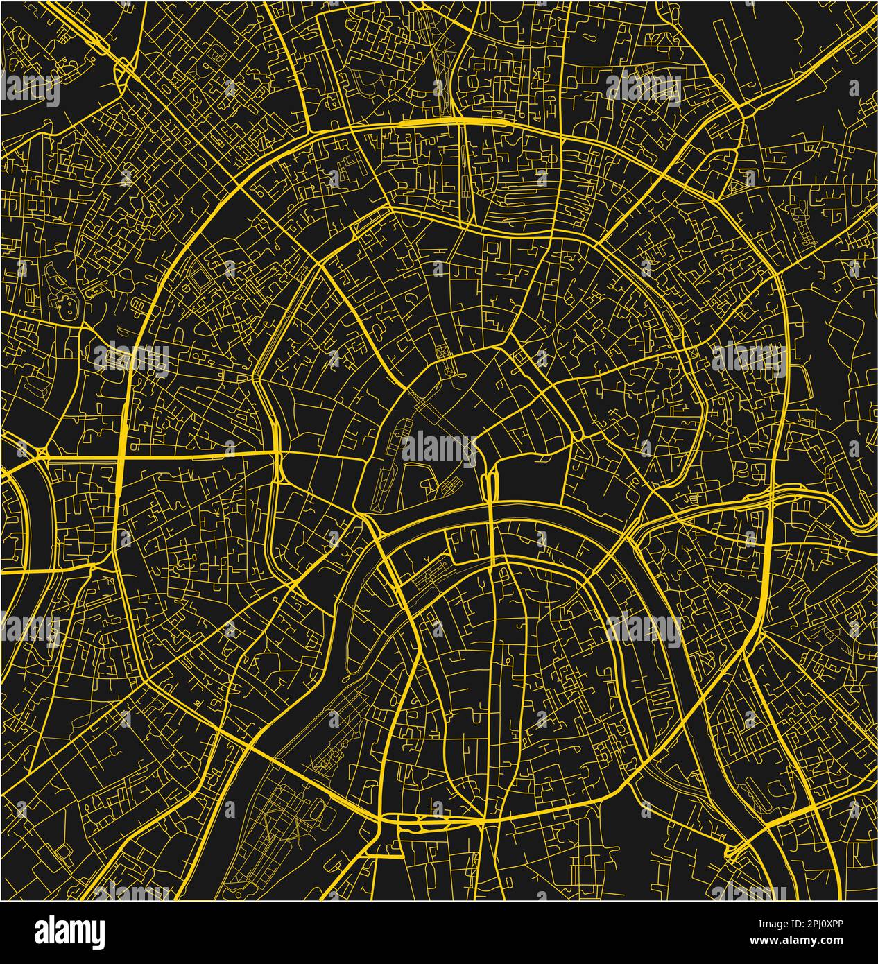 Mappa vettoriale nera e gialla della città di Mosca con strati separati ben organizzati. Illustrazione Vettoriale