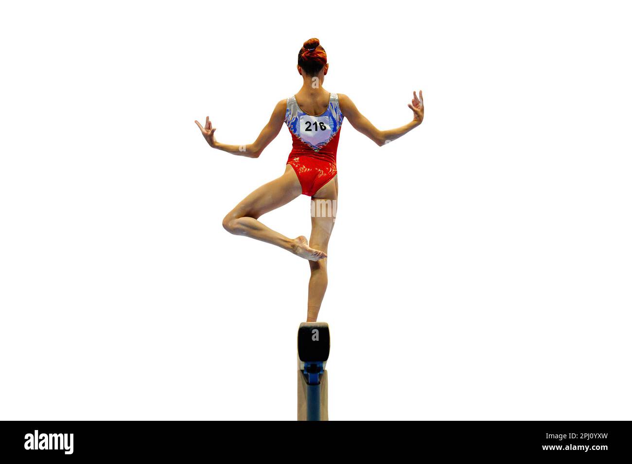 indietro atleta ginnastica femminile bilanciamento sulla ginnastica balance beam, sport inclusi nei giochi estivi Foto Stock