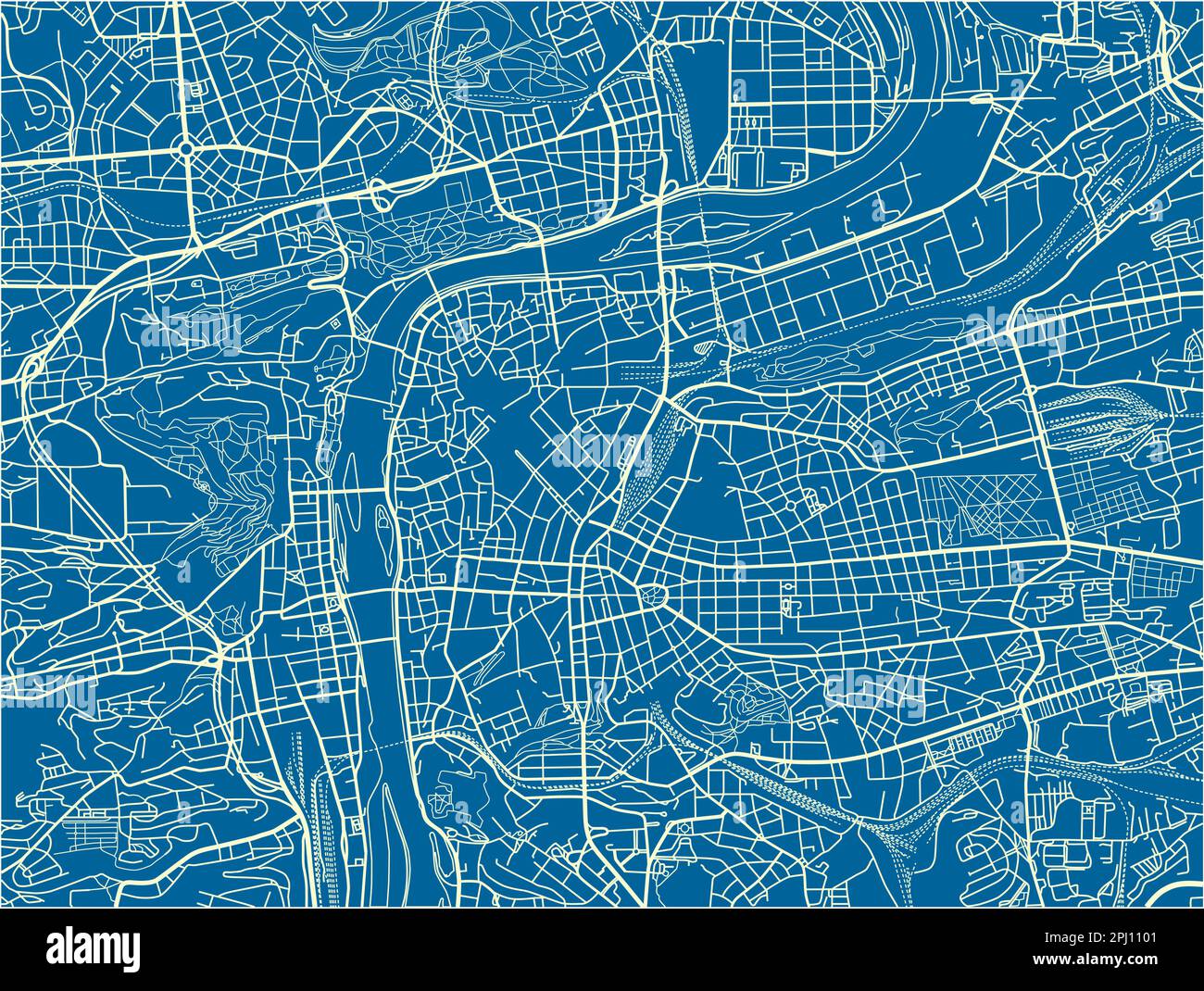 Mappa vettoriale blu e bianco della città di Praga con strati separati ben organizzati. Illustrazione Vettoriale