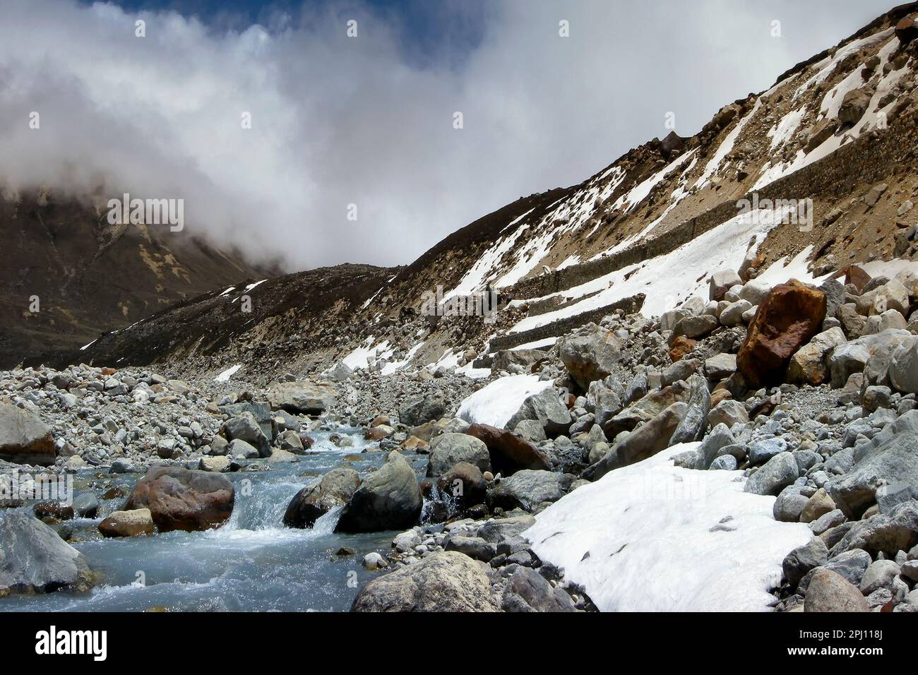 Fiume ghiacciato di Lachung che scorre dal ghiacciaio a Yumesamdong, punto zero, Sikkim, India. Altitudine di 15.300 piedi, ultimo avamposto della civiltà. Foto Stock