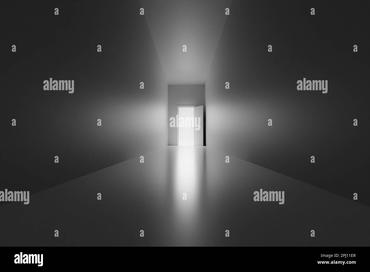 Porta aperta con luce brillante alla fine del corridoio scuro, rendering 3D. Luce alla fine del tunnel, concetto di aldilà, esperienza di morte vicina Foto Stock