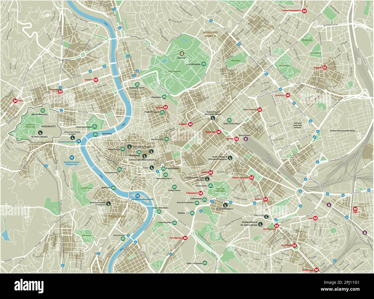 Mappa vettoriale della città di Roma con strati separati ben organizzati. Illustrazione Vettoriale