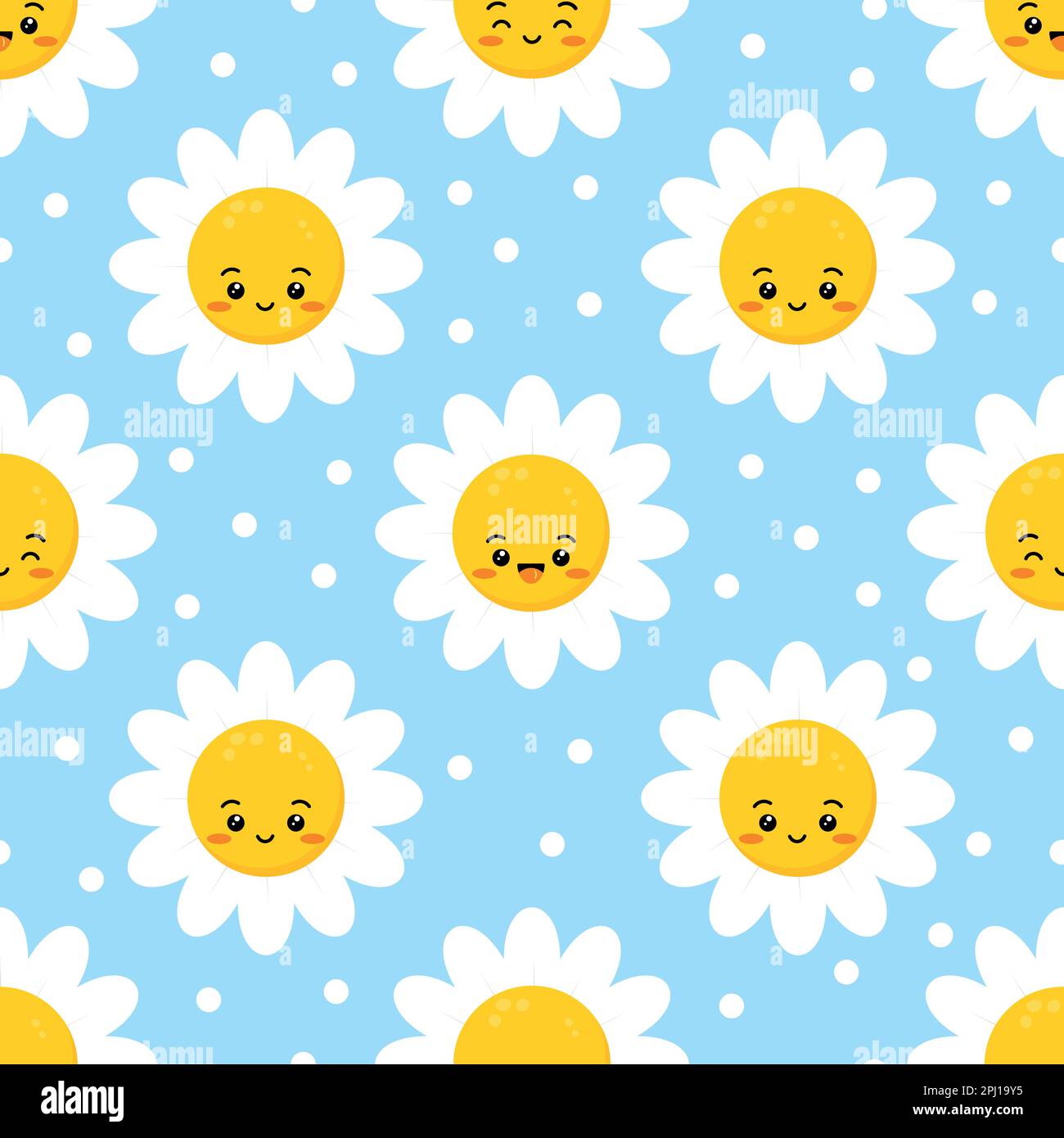 Fiore Daisy cute sorriso volto senza cuciture modello. Illustrazione Vettoriale