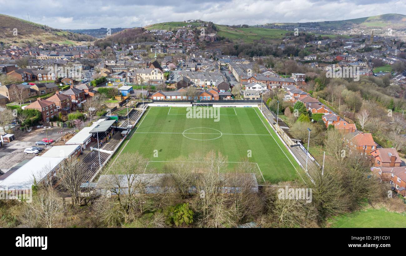 SEEL Park, Mossley. Sede del Mossley AFC, 30 marzo 2023. Foto Stock
