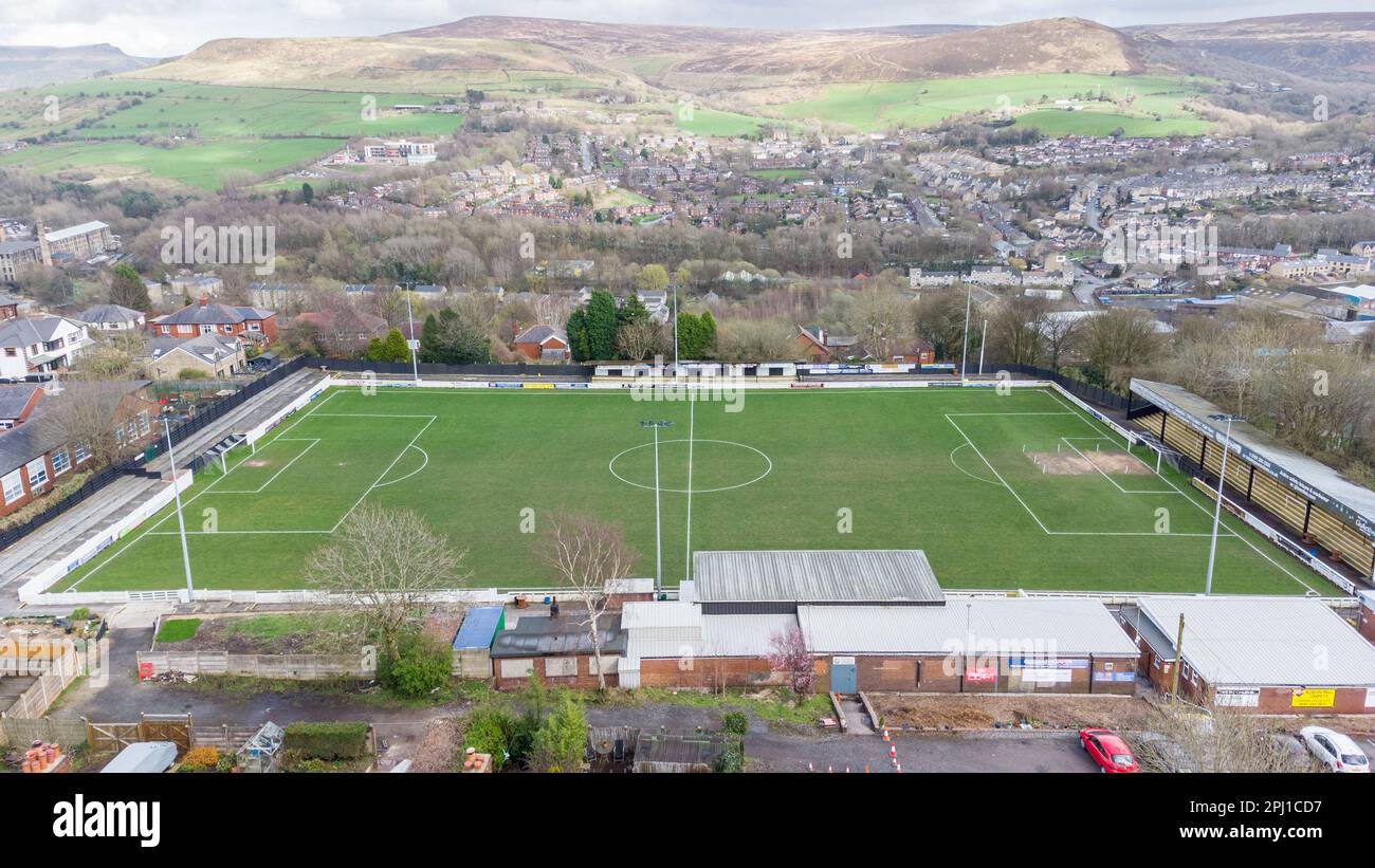 SEEL Park, Mossley. Sede del Mossley AFC, 30 marzo 2023. Foto Stock