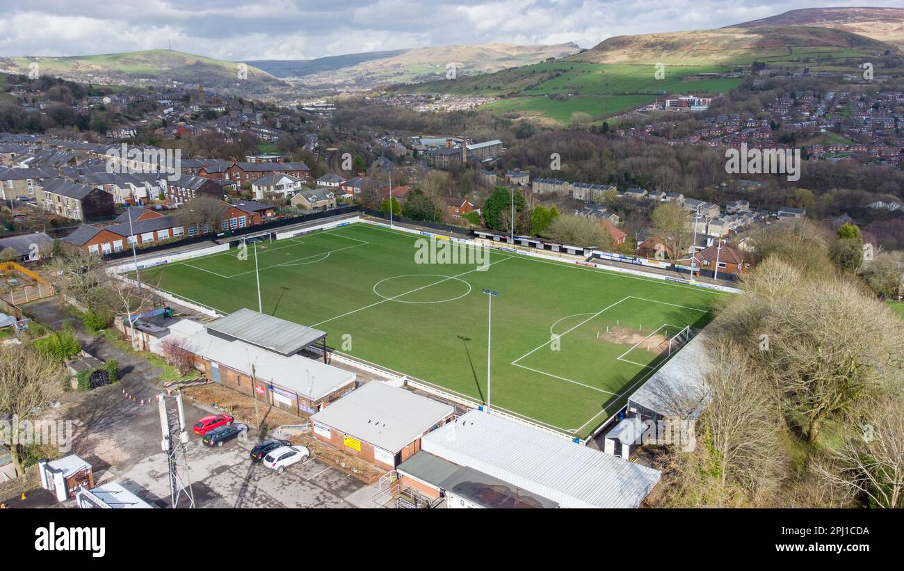SEEL Park, Mossley. Sede del Mossley AFC, 30 marzo 2023. Foto Stock