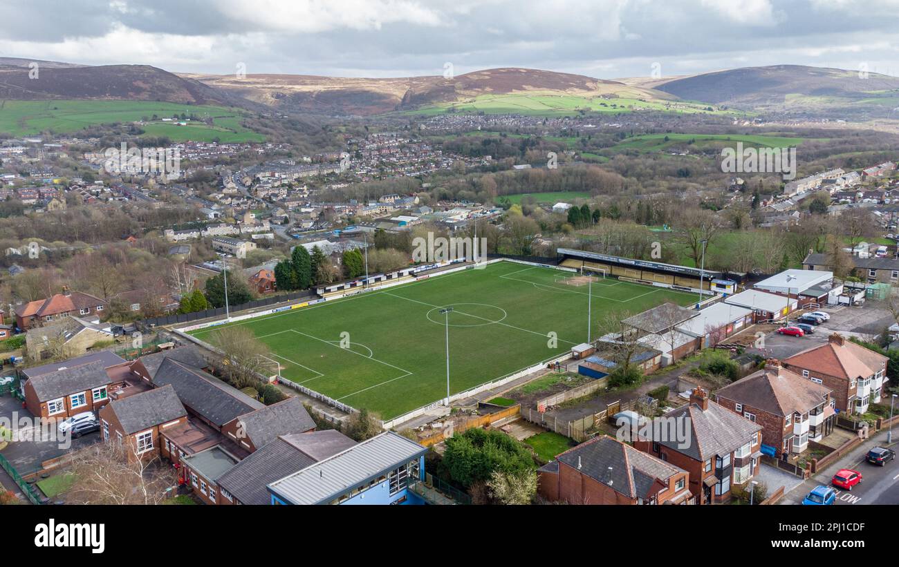 SEEL Park, Mossley. Sede del Mossley AFC, 30 marzo 2023. Foto Stock