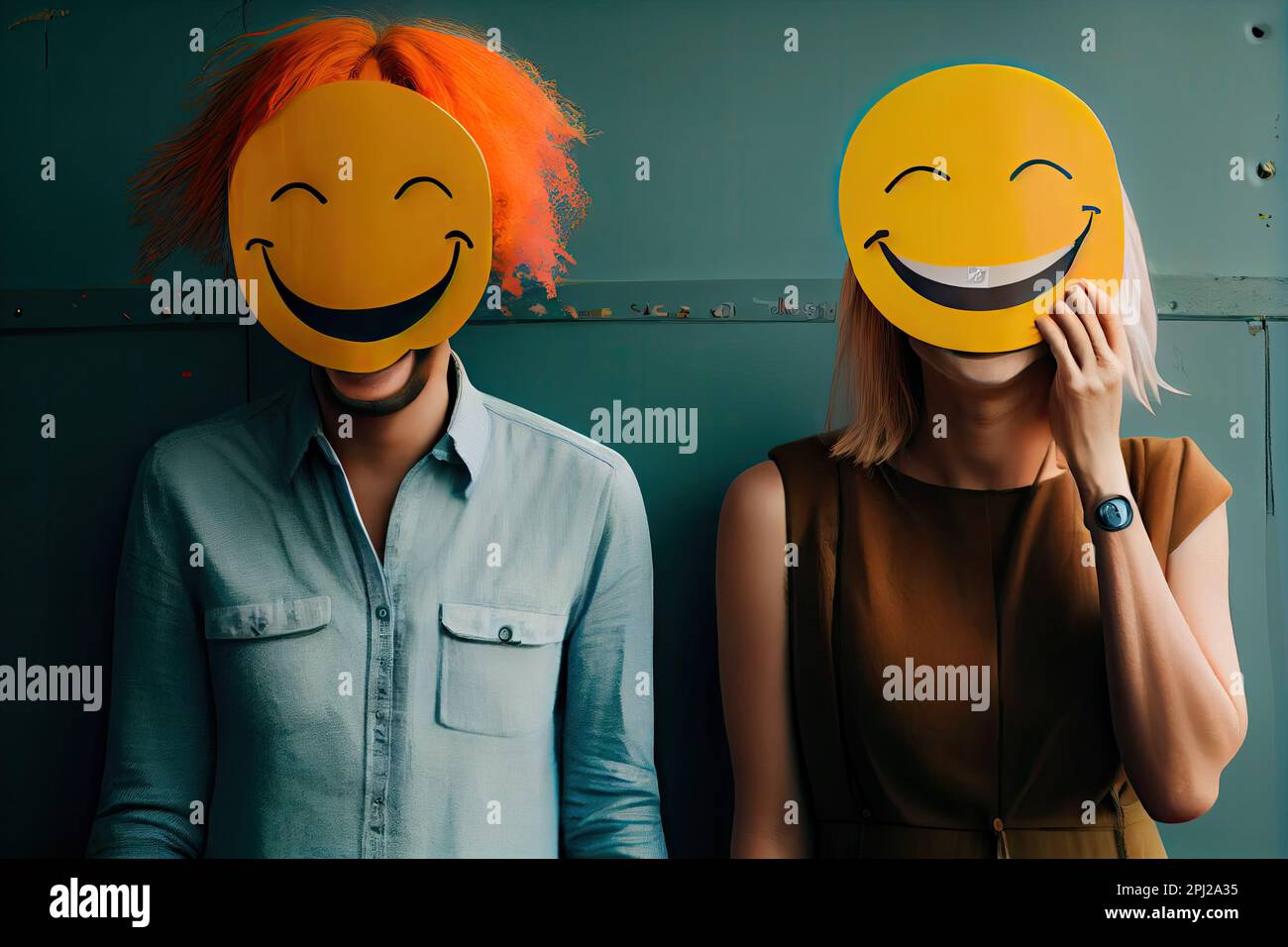 due persone con maschere facciali sorridenti sul viso, una ha i capelli arancioni e l'altra indossa una camicia blu Foto Stock