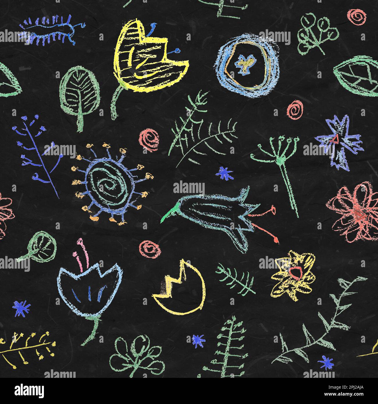 Crayon infantile disegno di fiori e foglie seamless pattern. Semplice illustrazione floreali dal colore gessetto su sfondo nero Foto Stock