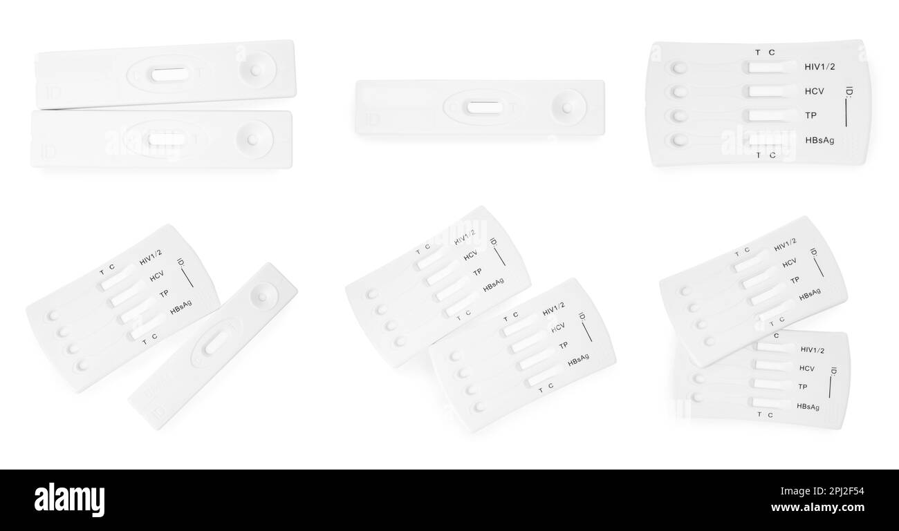 Set con test rapido monouso per epatite su sfondo bianco, vista dall'alto Foto Stock