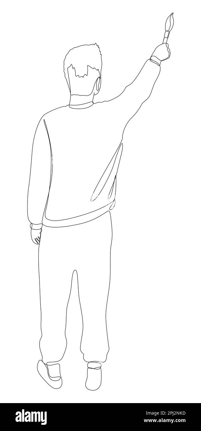 Una linea continua di pittura dell'uomo con pennello in mano. Concetto di vettore di illustrazione a linea sottile. Disegno di contorno idee creative. Illustrazione Vettoriale