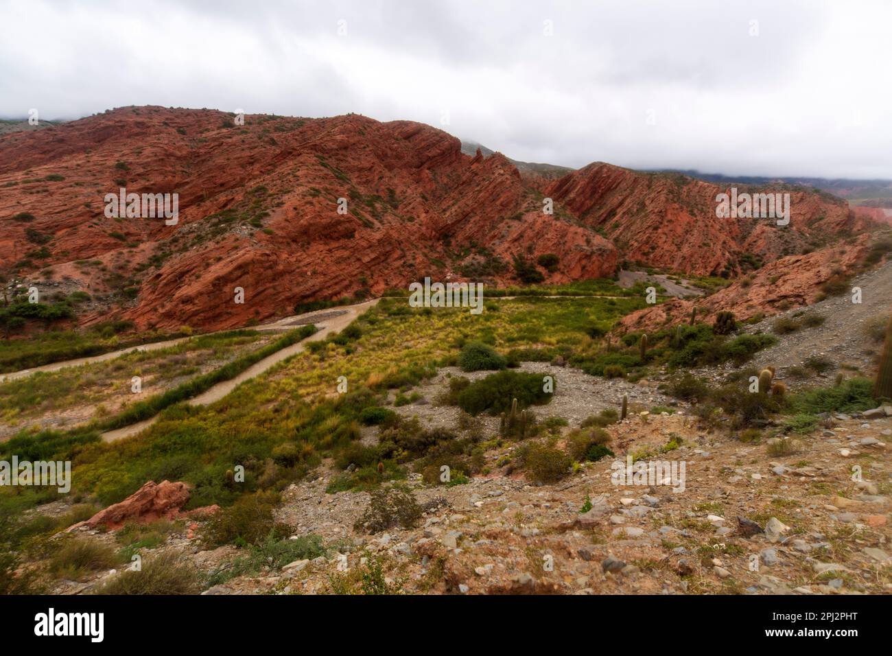 Fiume Calchaqui e aspre montagne sulla strada per Abra de Acay sulla Ruta 40 vicino a la Puna, Provincia di Salta, Argentina Foto Stock