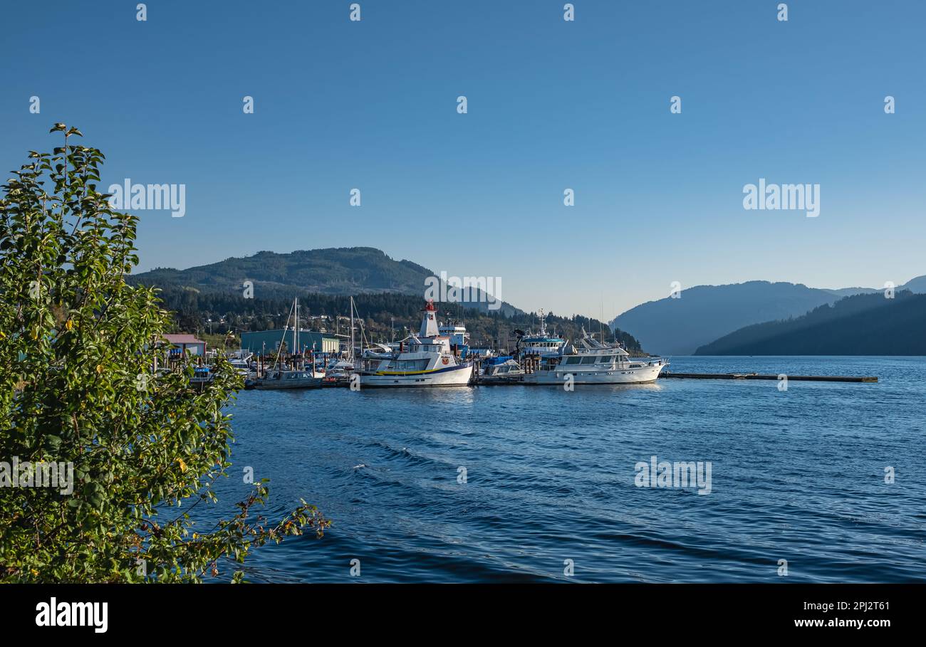 Barche a vela e barche a vela al porto turistico. Barche a vela, motosailer ormeggiato ad un molo in un porto turistico in porto Alberni BC Canada. Foto di viaggio, nessuno-Octo Foto Stock