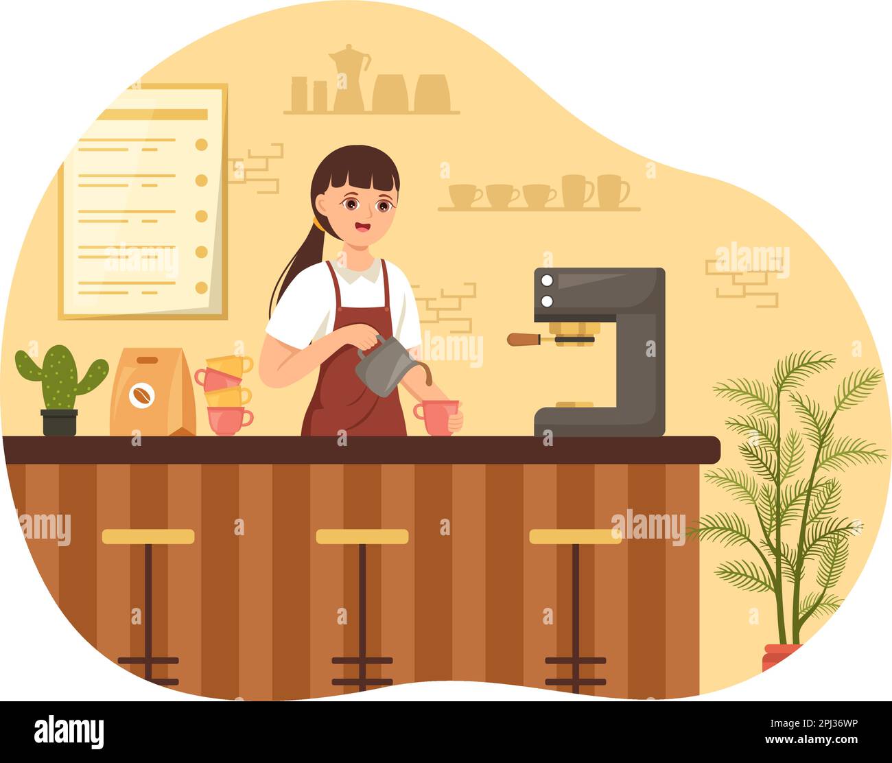 Illustrazione del barista con grembiule in piedi che prepara il caffè per il cliente nella landing page disegnata a mano su cartoon piano o nel modello di banner Web Illustrazione Vettoriale