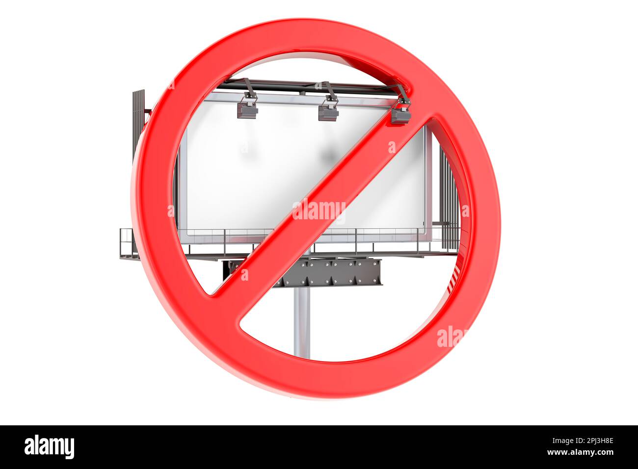 Cartellone pubblicitario esterno vuoto con simbolo proibito, 3D rendering isolato su sfondo bianco Foto Stock