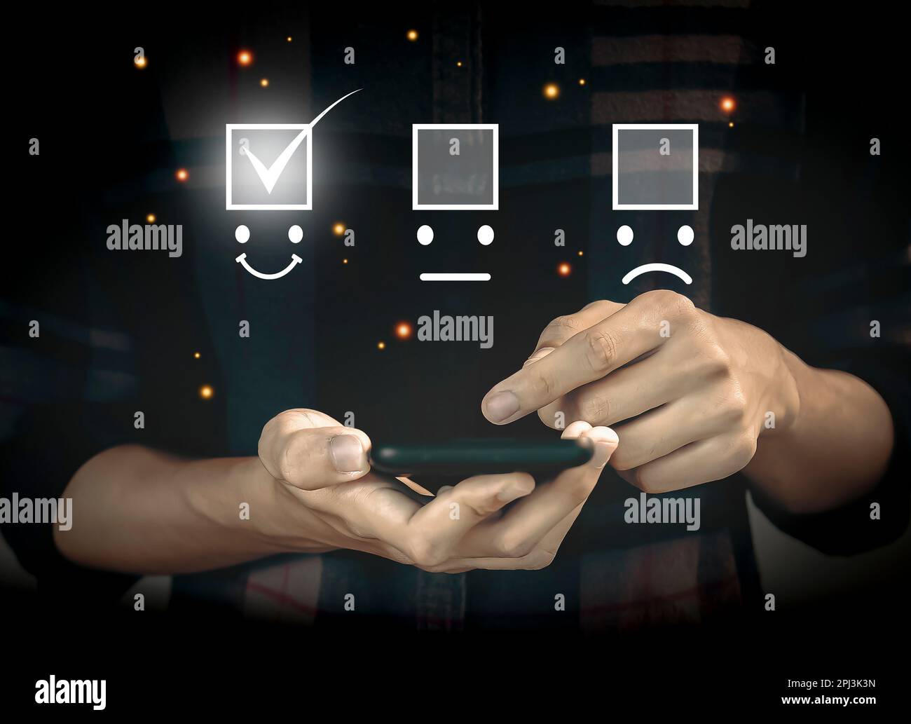 Business Service Satisfaction Concept Touch Screen Happy Smile Icon Rating 5 stelle per la soddisfazione del servizio Foto Stock