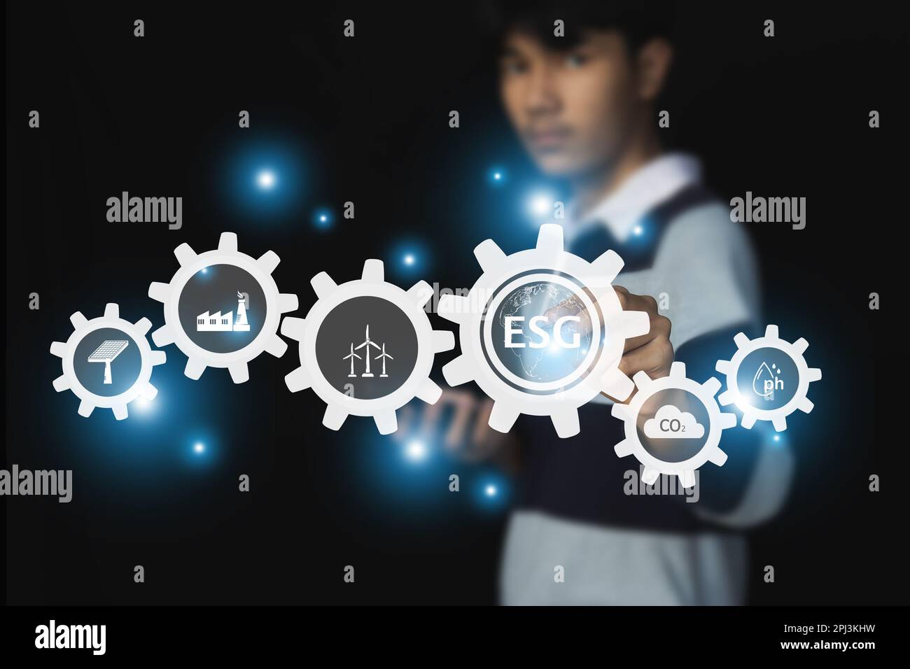 ESG, ambiente, sociale e Governance Sustainable Industry of Business concetto di riduzione del riscaldamento globale su sfondo verde Foto Stock