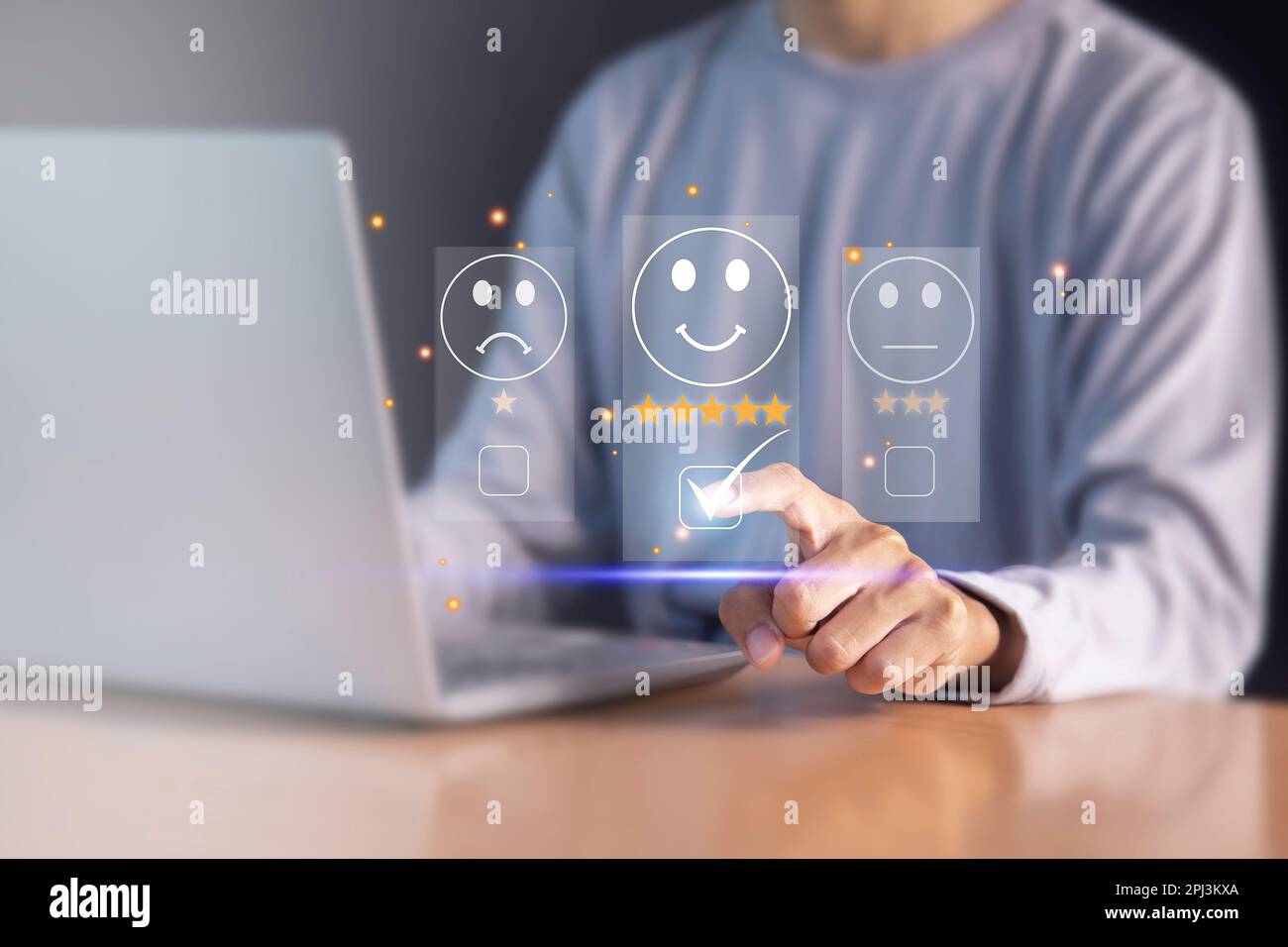 Business Service Satisfaction Concept Touch Screen Happy Smile Icon Rating 5 stelle per la soddisfazione del servizio Foto Stock