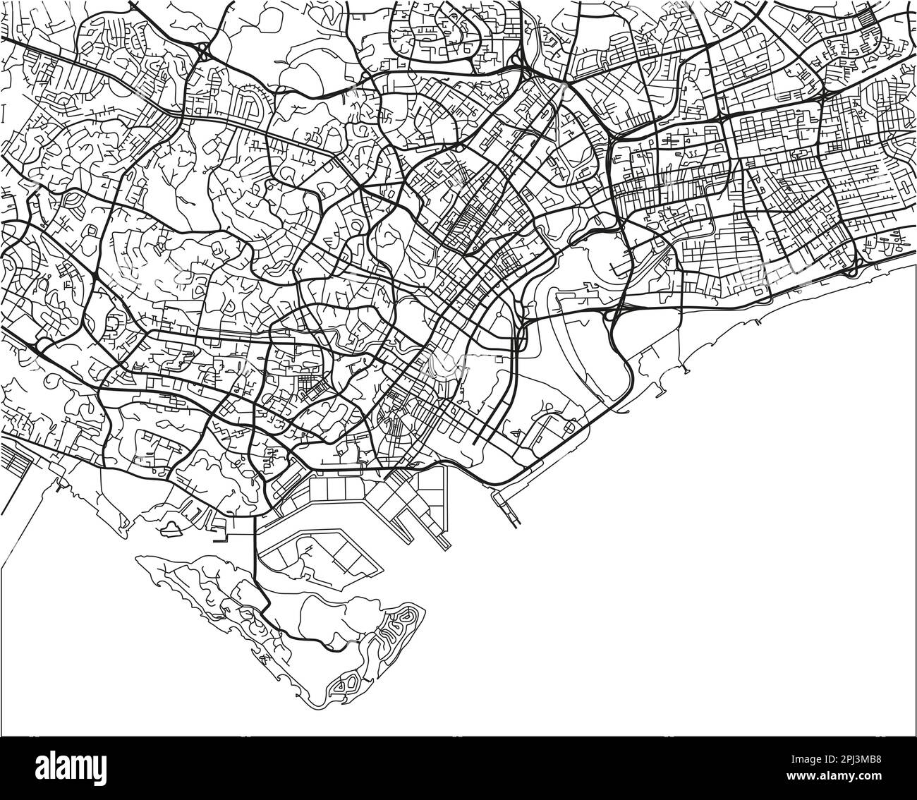 Mappa vettoriale in bianco e nero della città di Singapore con strati separati ben organizzati. Illustrazione Vettoriale