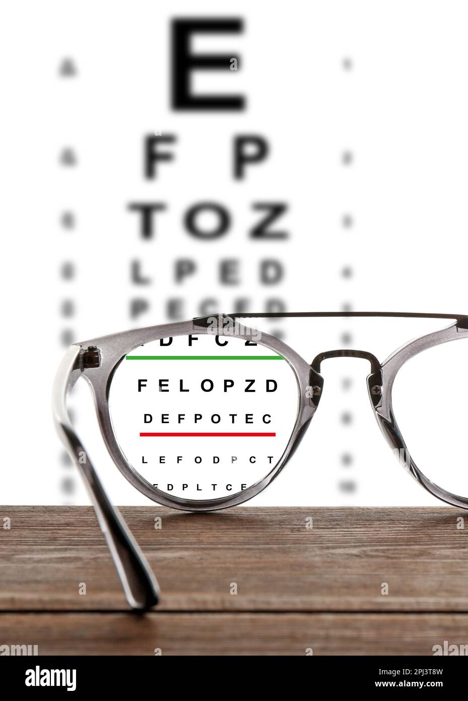 Bicchieri su tavolo di legno. Visualizza attraverso gli obiettivi sulla mappa degli occhi, sfondo bianco Foto Stock