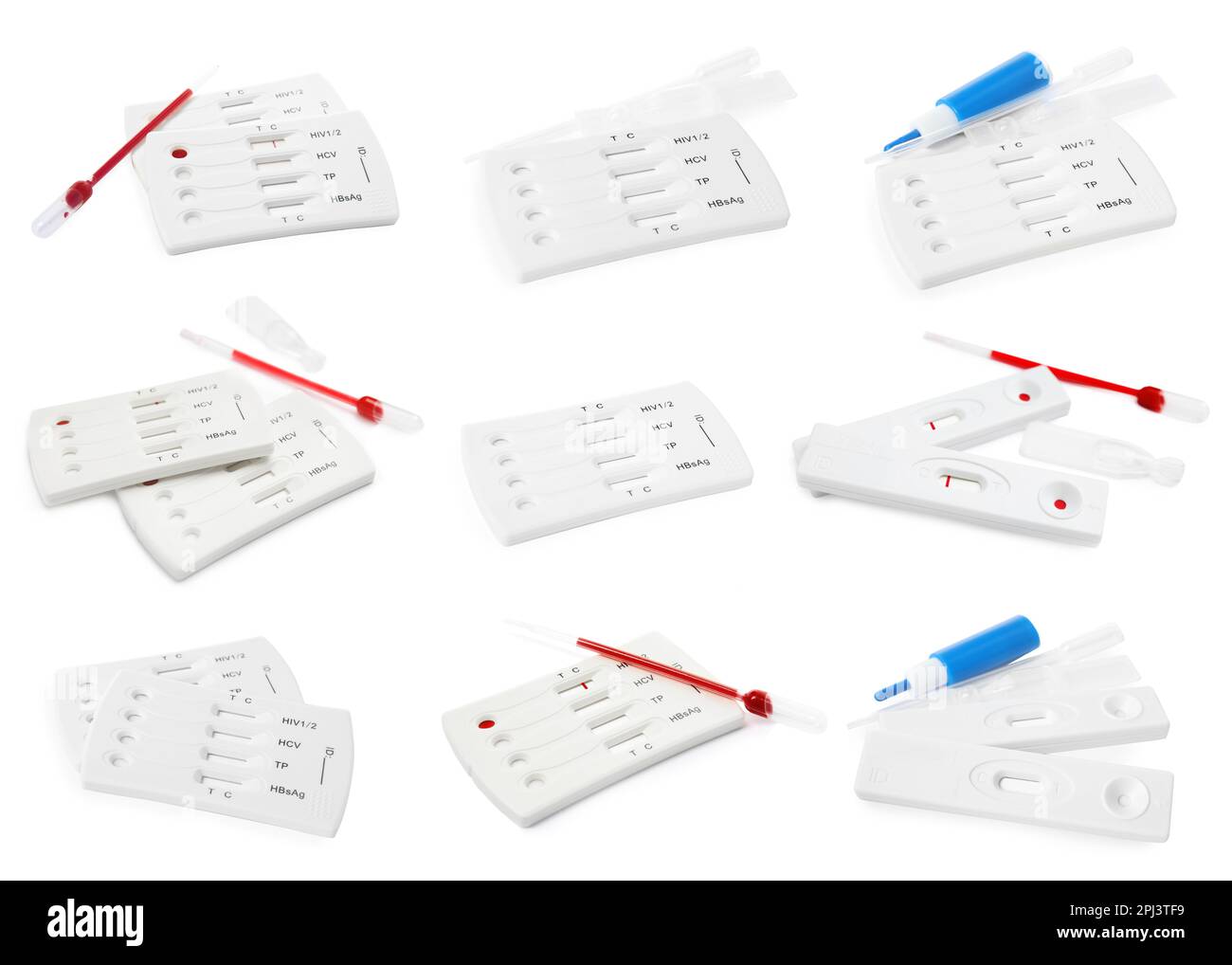 Set con kit per test rapidi monouso per epatite su sfondo bianco Foto Stock