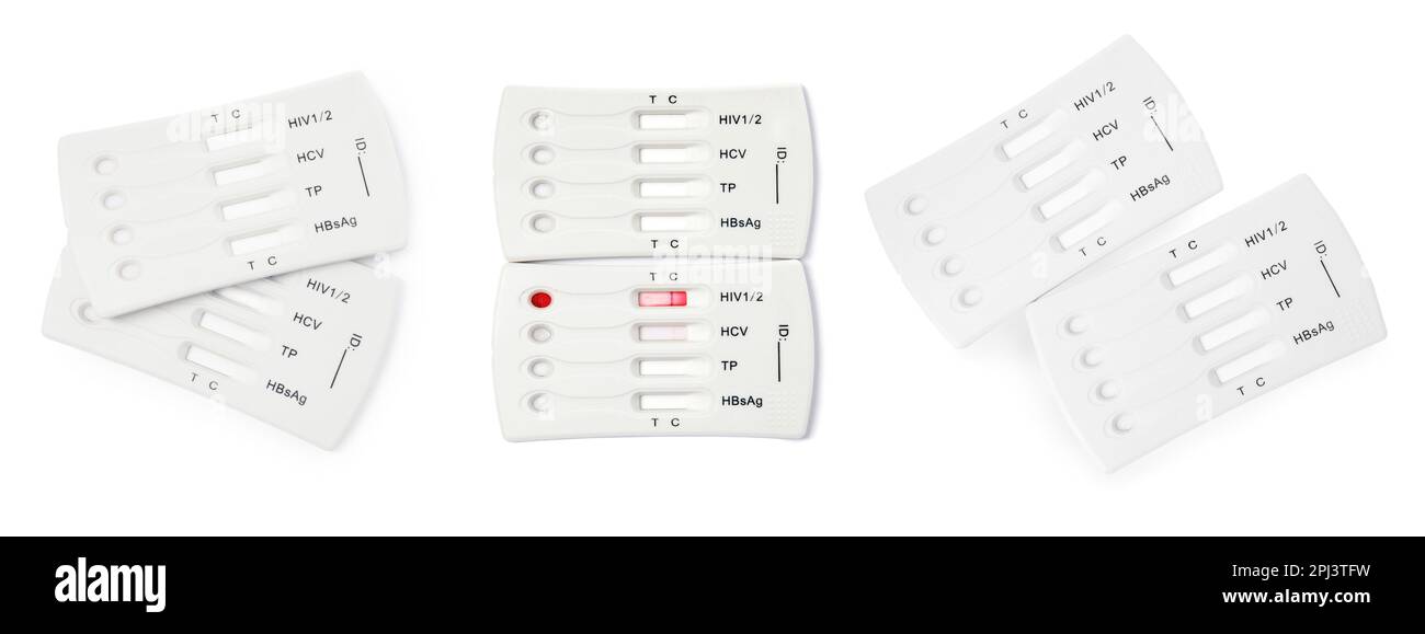 Set con test rapido monouso per epatite su sfondo bianco, vista dall'alto. Design del banner Foto Stock
