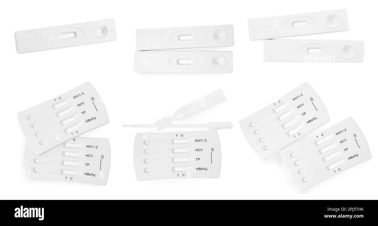 Set con test rapido monouso per epatite su sfondo bianco, vista dall'alto Foto Stock